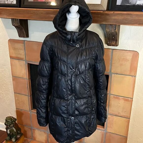 PRANA Deluxe Black Long Hooded Puffer Coat, M!